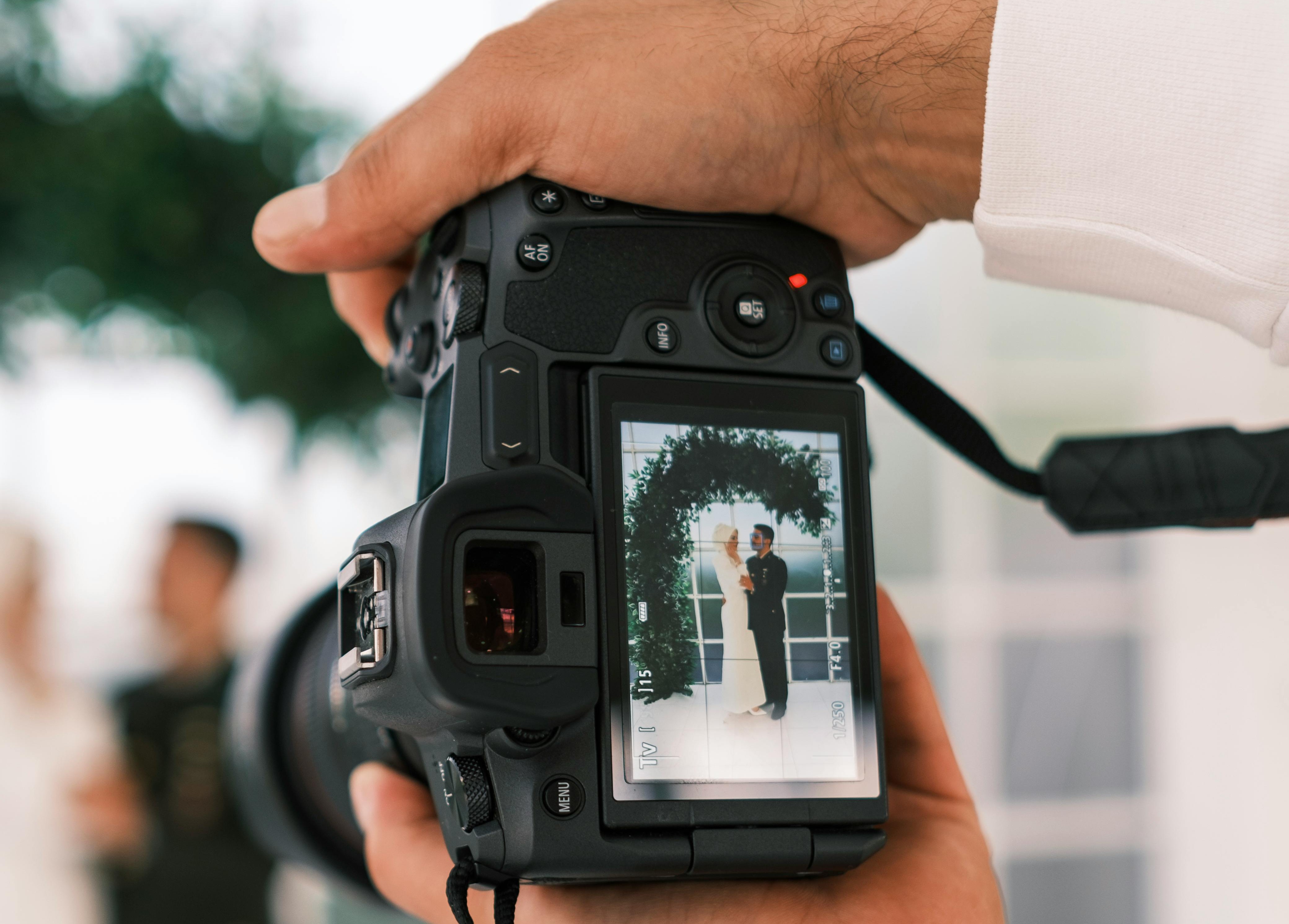 A close-up of the screen of a photographer's digital camera, showing the photo he is about to take of the bride and groom.