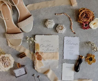 wedding items spread on a table